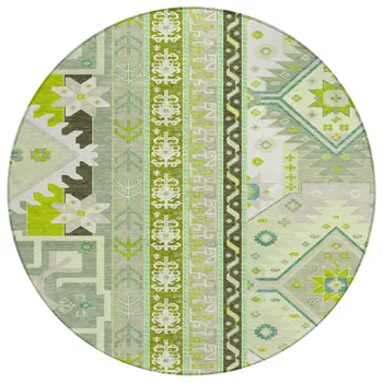 8' Sage Olive Green And Ivory Round Aztec Washable Indoor Outdoor Area Rug