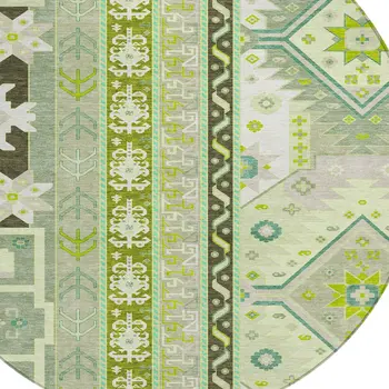 8' Sage Olive Green And Ivory Round Aztec Washable Indoor Outdoor Area Rug