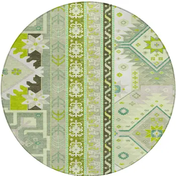 8' Sage Olive Green And Ivory Round Aztec Washable Indoor Outdoor Area Rug