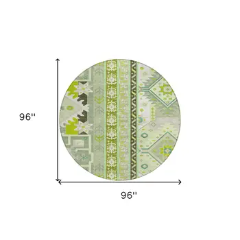 8' Sage Olive Green And Ivory Round Aztec Washable Indoor Outdoor Area Rug