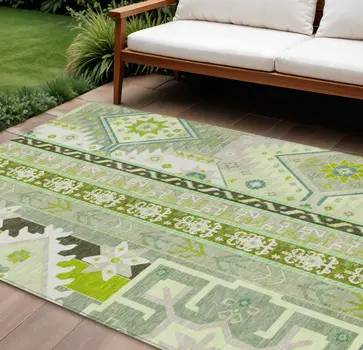 8' X 10' Sage Olive Green And Ivory Aztec Washable Indoor Outdoor Area Rug