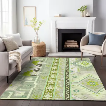9' X 12' Sage Olive Green And Ivory Aztec Washable Indoor Outdoor Area Rug