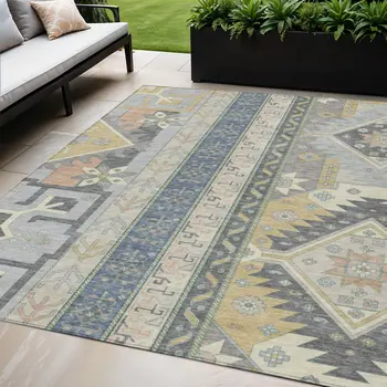 5' X 8' Silver Beige And Gold Aztec Washable Indoor Outdoor Area Rug