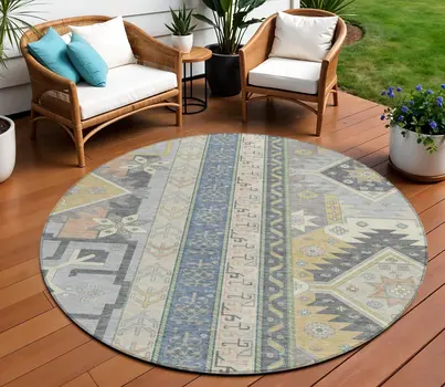 8' Silver Beige And Gold Round Aztec Washable Indoor Outdoor Area Rug