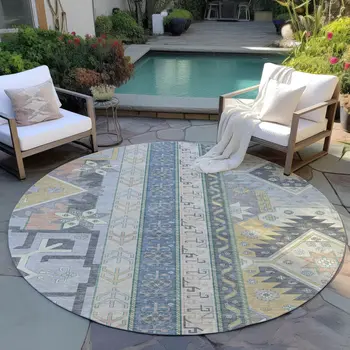 8' Silver Beige And Gold Round Aztec Washable Indoor Outdoor Area Rug