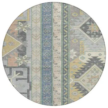 8' Silver Beige And Gold Round Aztec Washable Indoor Outdoor Area Rug