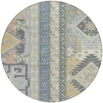 8' Silver Beige And Gold Round Aztec Washable Indoor Outdoor Area Rug