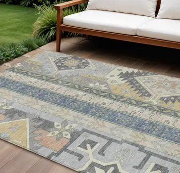 8' X 10' Silver Beige And Gold Aztec Washable Indoor Outdoor Area Rug