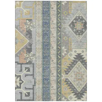 10' X 14' Silver Beige And Gold Aztec Washable Indoor Outdoor Area Rug