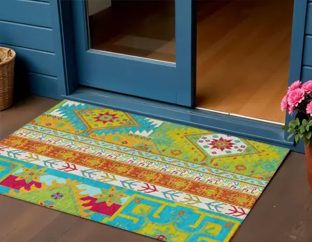3' X 5' Teal Blue Green And Pink Aztec Washable Indoor Outdoor Area Rug