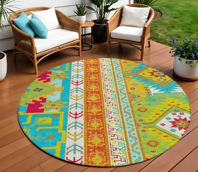8' Teal Blue Green And Pink Round Aztec Washable Indoor Outdoor Area Rug