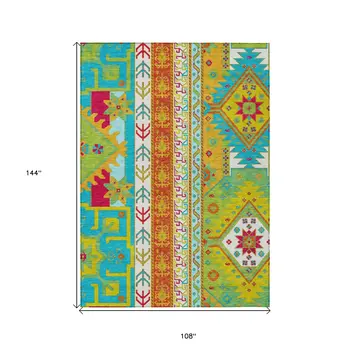 9' X 12' Teal Blue Green And Pink Aztec Washable Indoor Outdoor Area Rug