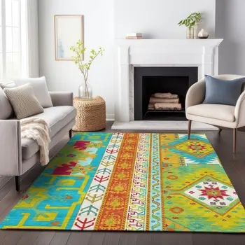 9' X 12' Teal Blue Green And Pink Aztec Washable Indoor Outdoor Area Rug