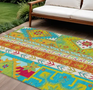 10' X 14' Teal Blue Green And Pink Aztec Washable Indoor Outdoor Area Rug