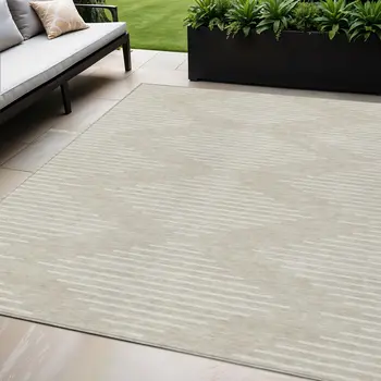 5' X 8' Beige And Ivory Geometric Washable Indoor Outdoor Area Rug