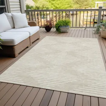 9' X 12' Beige And Ivory Geometric Washable Indoor Outdoor Area Rug