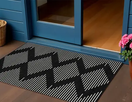 3' X 5' Black And Ivory Geometric Washable Indoor Outdoor Area Rug