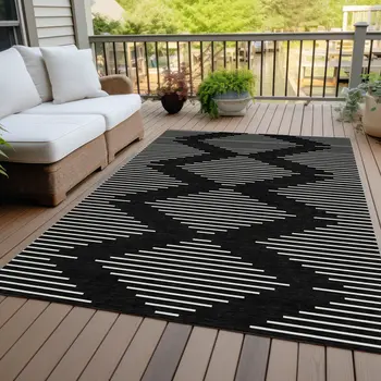5' X 8' Black And Ivory Geometric Washable Indoor Outdoor Area Rug