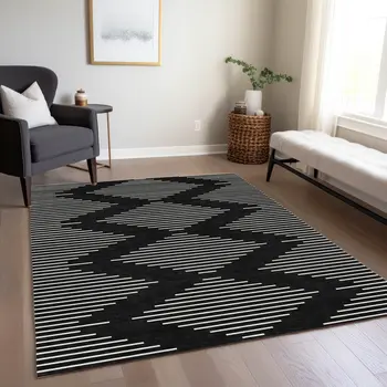 5' X 8' Black And Ivory Geometric Washable Indoor Outdoor Area Rug