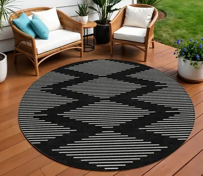 8' Black And Ivory Round Geometric Washable Indoor Outdoor Area Rug
