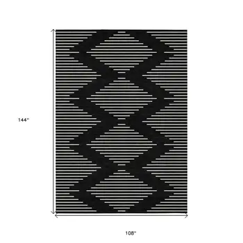 9' X 12' Black And Ivory Geometric Washable Indoor Outdoor Area Rug