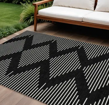 9' X 12' Black And Ivory Geometric Washable Indoor Outdoor Area Rug