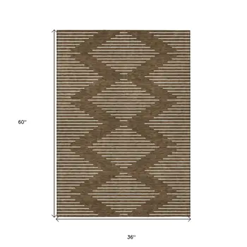 3' X 5' Brown And Beige Geometric Washable Indoor Outdoor Area Rug