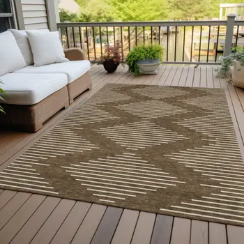 9' X 12' Brown And Beige Geometric Washable Indoor Outdoor Area Rug