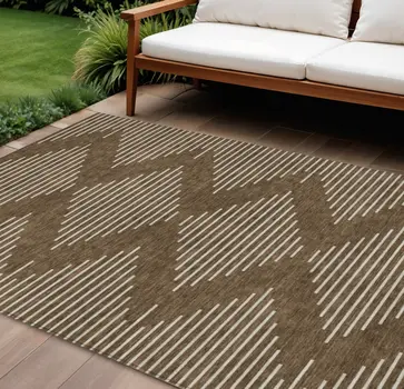 10' X 14' Brown And Beige Geometric Washable Indoor Outdoor Area Rug