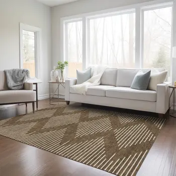 10' X 14' Brown And Beige Geometric Washable Indoor Outdoor Area Rug