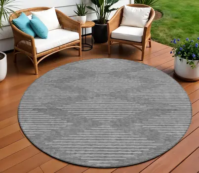 8' Charcoal And Silver Round Geometric Washable Indoor Outdoor Area Rug