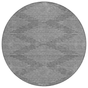 8' Charcoal And Silver Round Geometric Washable Indoor Outdoor Area Rug