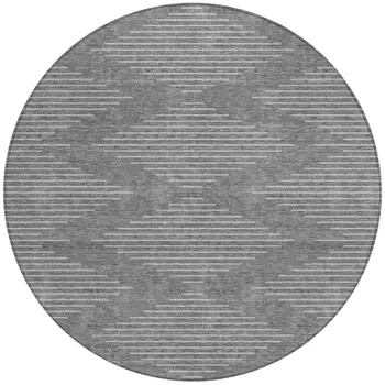 8' Charcoal And Silver Round Geometric Washable Indoor Outdoor Area Rug