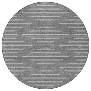 8' Charcoal And Silver Round Geometric Washable Indoor Outdoor Area Rug