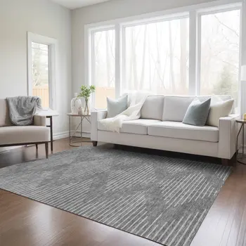 9' X 12' Charcoal And Silver Geometric Washable Indoor Outdoor Area Rug