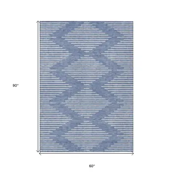 5' X 8' Denim Blue And Ivory Geometric Washable Indoor Outdoor Area Rug