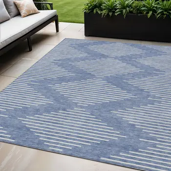 5' X 8' Denim Blue And Ivory Geometric Washable Indoor Outdoor Area Rug