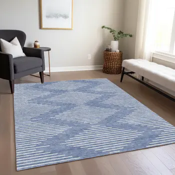 5' X 8' Denim Blue And Ivory Geometric Washable Indoor Outdoor Area Rug