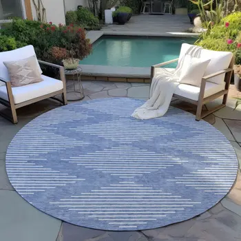 8' Denim Blue And Ivory Round Geometric Washable Indoor Outdoor Area Rug
