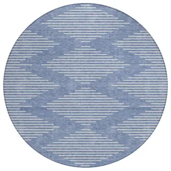 8' Denim Blue And Ivory Round Geometric Washable Indoor Outdoor Area Rug