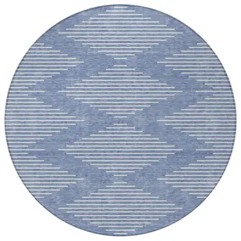 8' Denim Blue And Ivory Round Geometric Washable Indoor Outdoor Area Rug