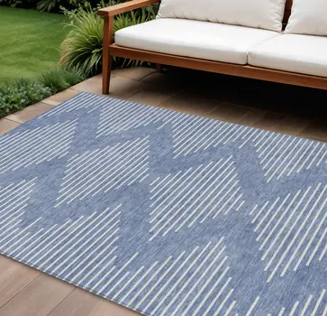 8' X 10' Denim Blue And Ivory Geometric Washable Indoor Outdoor Area Rug