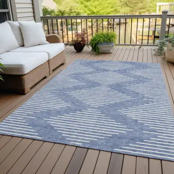 10' X 14' Denim Blue And Ivory Geometric Washable Indoor Outdoor Area Rug
