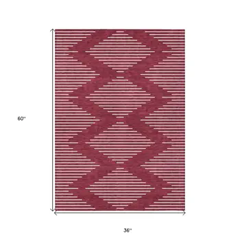 3' X 5' Red And Ivory Geometric Washable Indoor Outdoor Area Rug