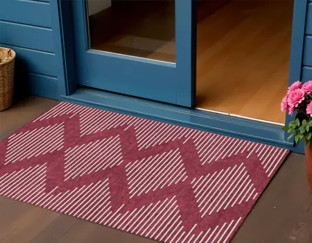 3' X 5' Red And Ivory Geometric Washable Indoor Outdoor Area Rug