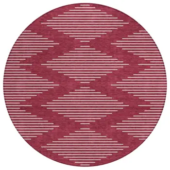 8' Red And Ivory Round Geometric Washable Indoor Outdoor Area Rug