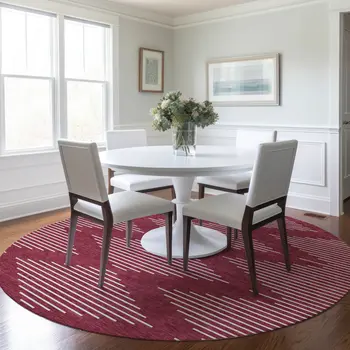 8' Red And Ivory Round Geometric Washable Indoor Outdoor Area Rug