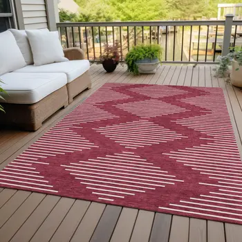 8' X 10' Red And Ivory Geometric Washable Indoor Outdoor Area Rug