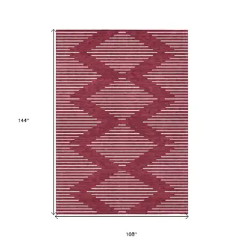 9' X 12' Red And Ivory Geometric Washable Indoor Outdoor Area Rug