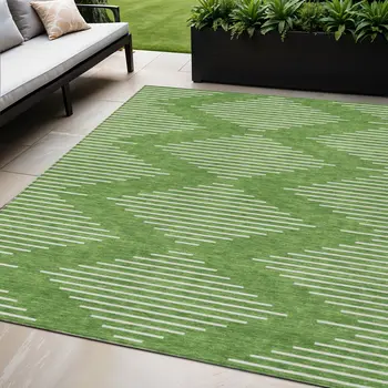 5' X 8' Green And Ivory Geometric Washable Indoor Outdoor Area Rug